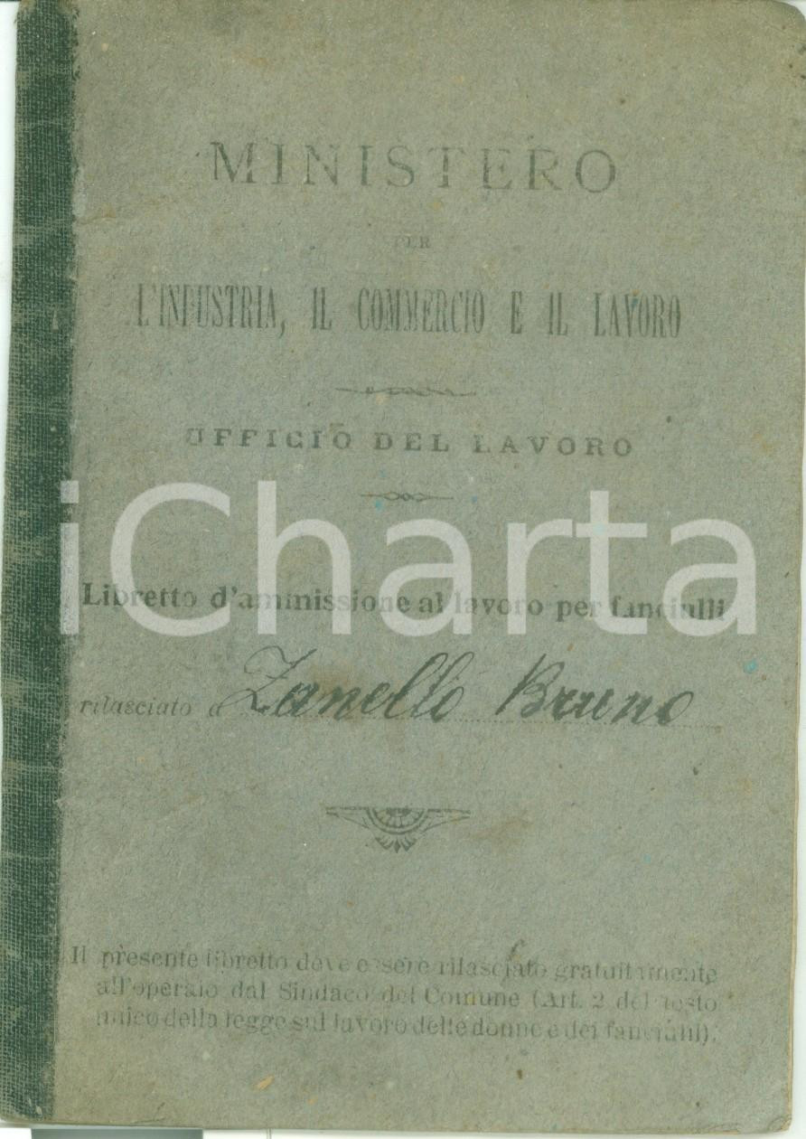 Documento originale, autentico 1926 CAPRILE BI Libretto di Bruno ZANELLO per ammissione al lavoro 1