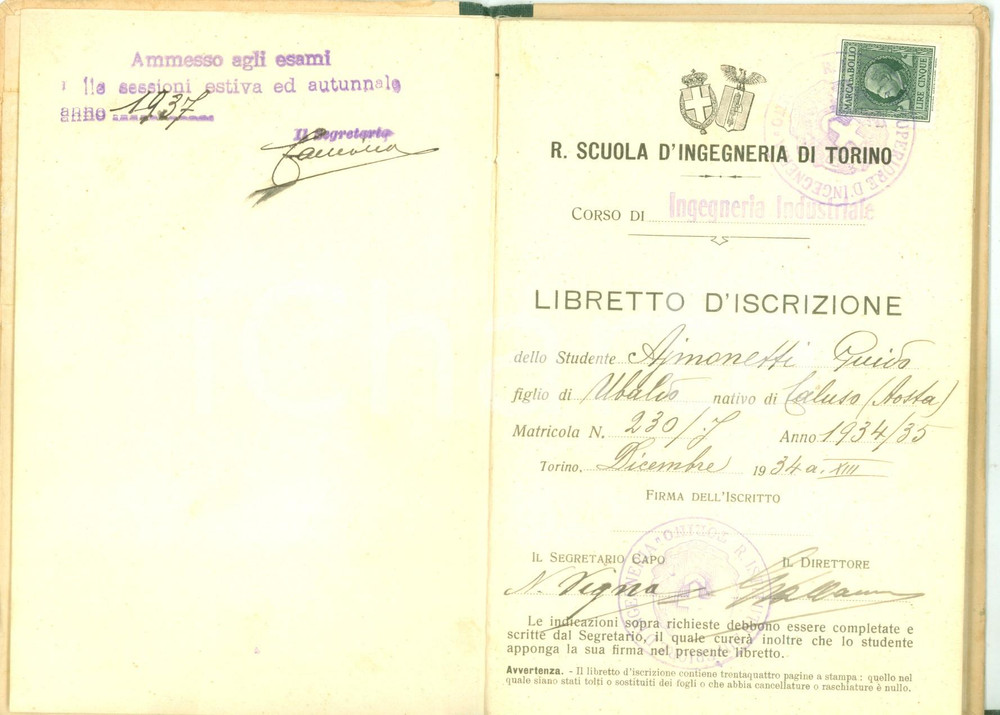 Documento originale, autentico 1934 TORINO R. Scuola d Ingegneria Libretto iscrizione di Guido AJMONETTI 1