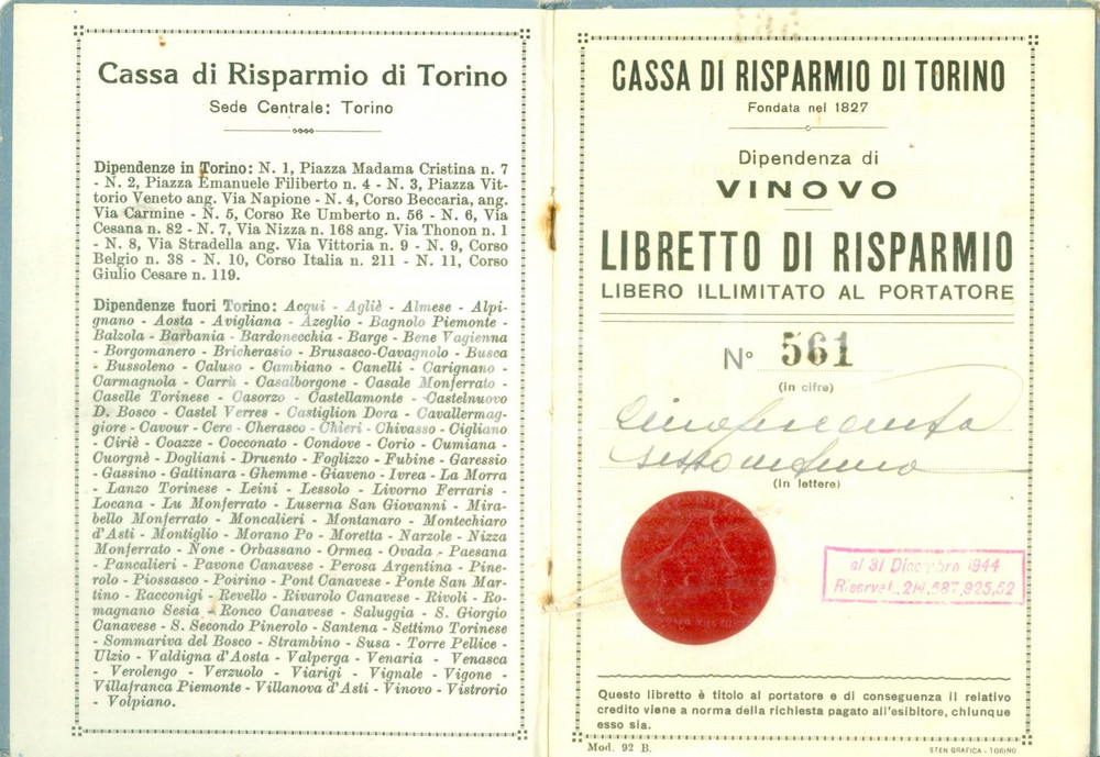 Documento originale, autentico 19461952 VINOVO TO Cassa di Risparmio Libretto al portatore Enrico SCLAVERANO 1