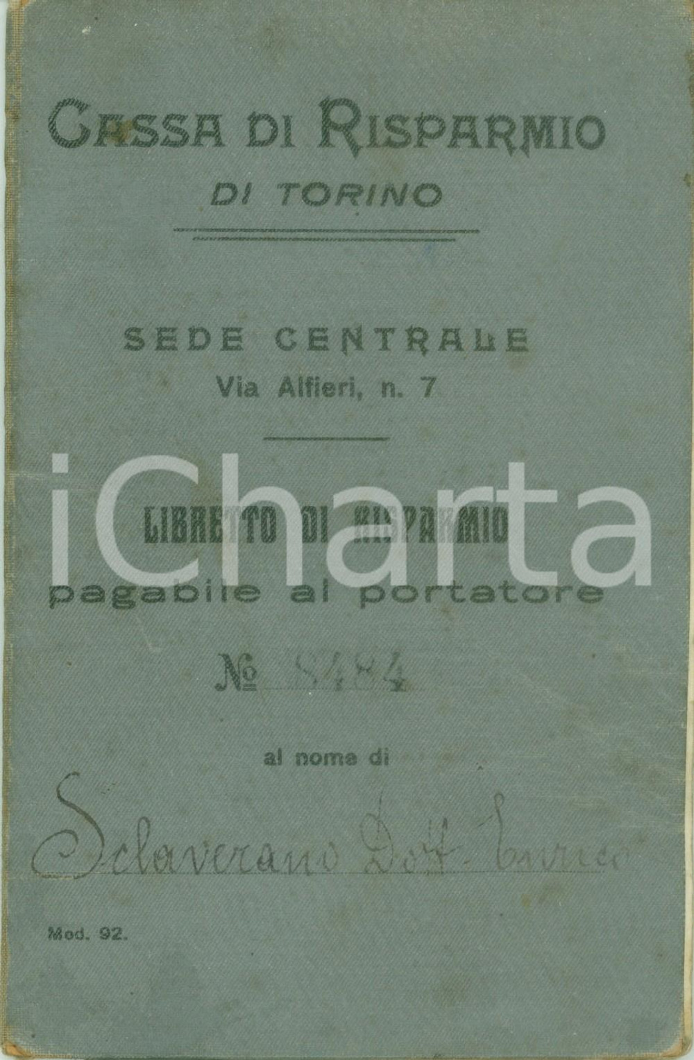 Documento originale, autentico 1919 TORINO Cassa di Risparmio Libretto al portatore Enrico SCLAVERANO 1