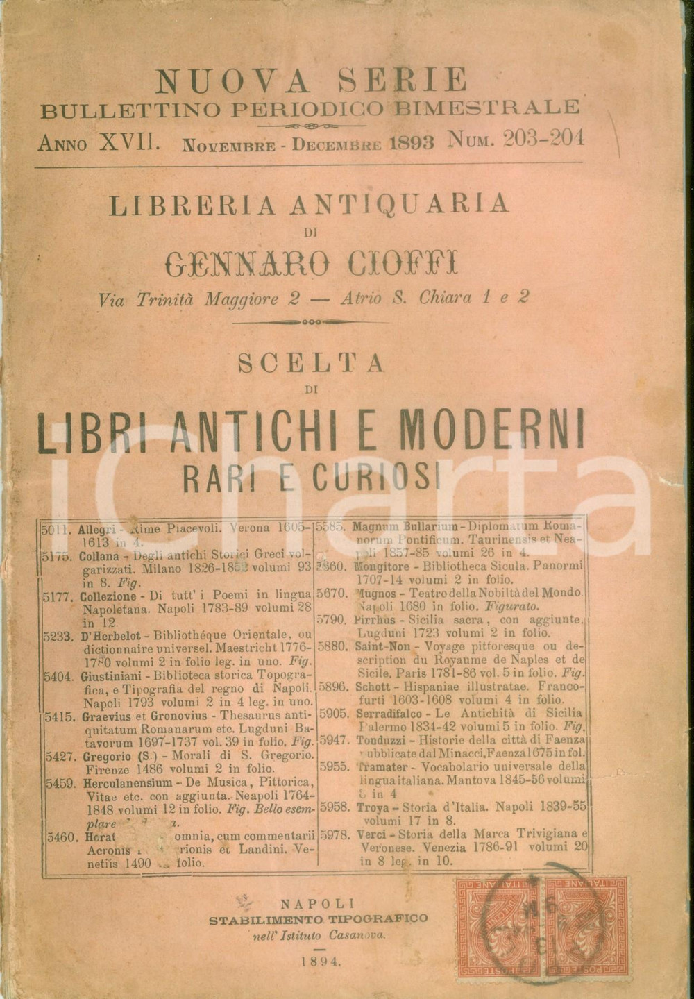 Libro, pubblicazione d epoca 1894 NAPOLI Libreria Gennaro CIOFFI Catalogo libri antichi moderni rari curiosi 1