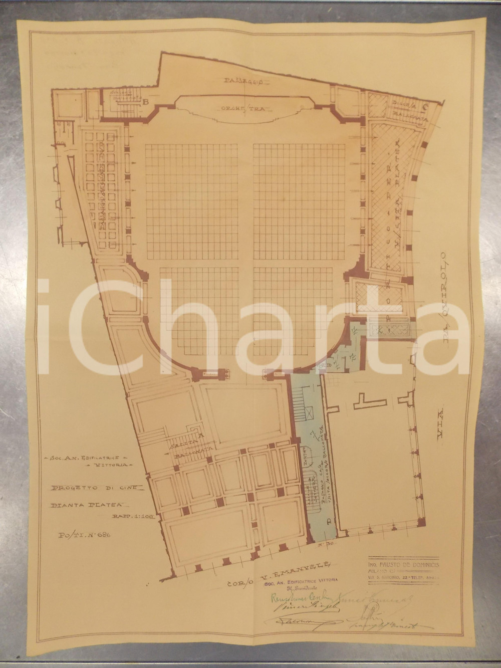 Mappa, planimetria storica 1925 MILANO Ing. DE DOMINICIS Edificatrice VITTORIA Platea cinema SAN CARLO 1