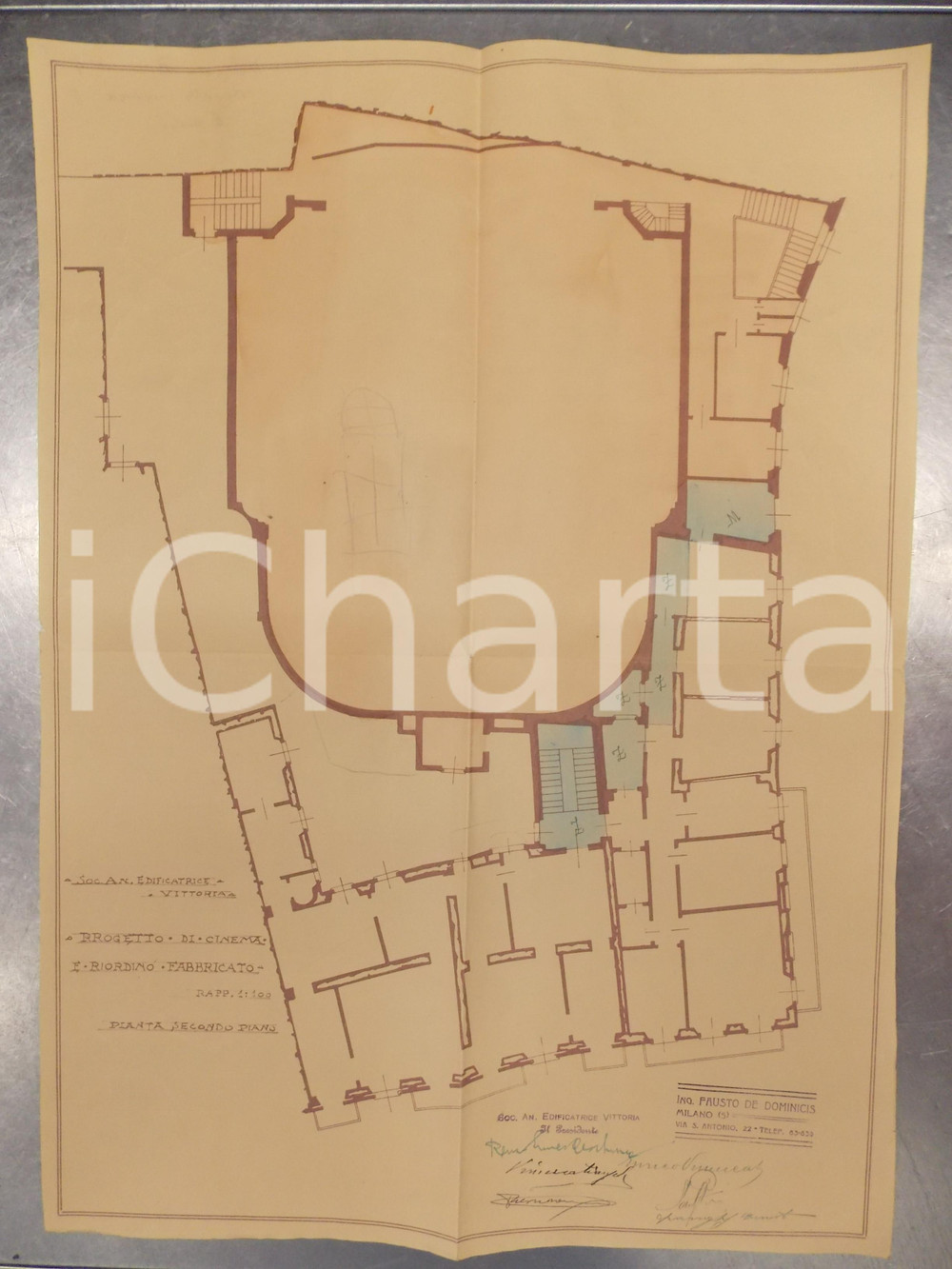 Mappa, planimetria storica 1925 MILANO DE DOMINICIS Edificatrice VITTORIA Secondo piano cinema SAN CARLO 1