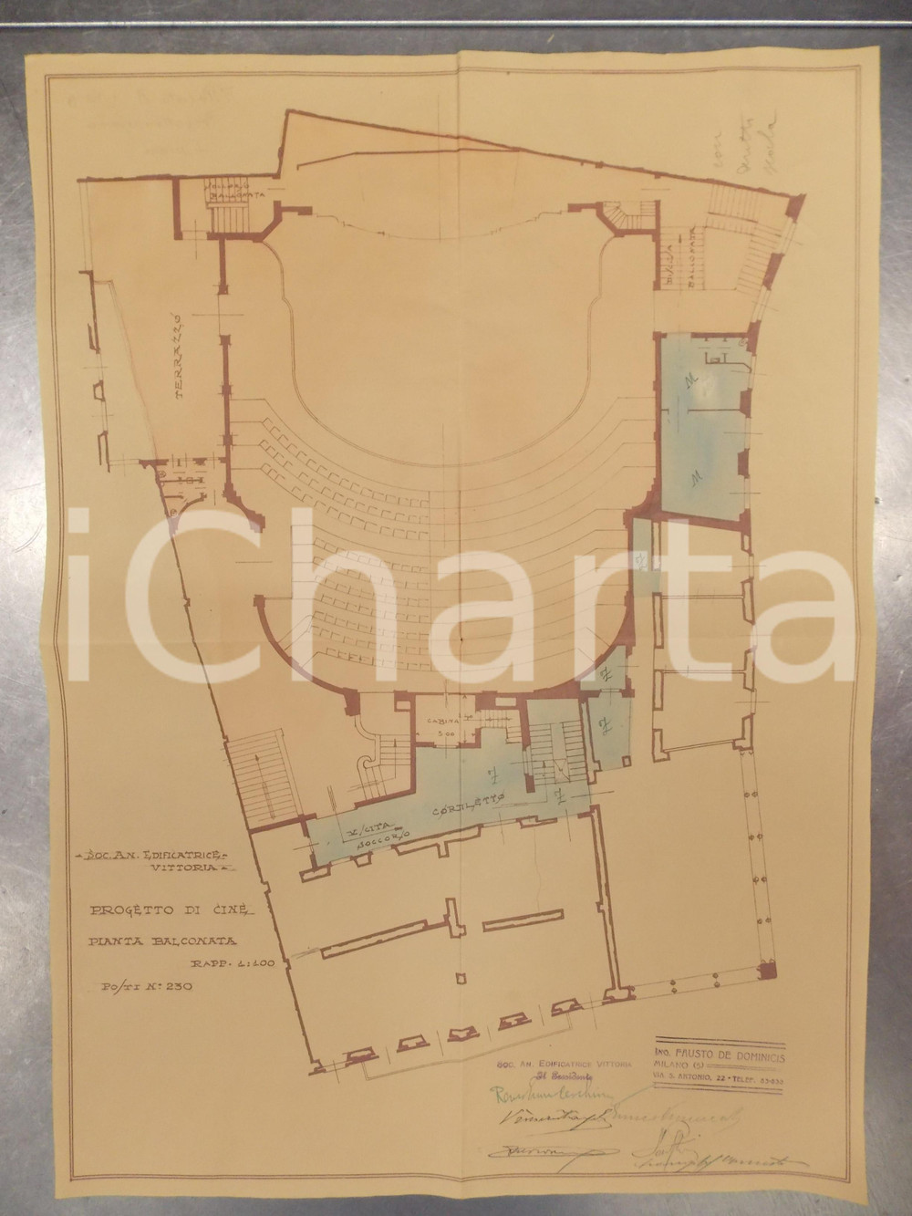 Mappa, planimetria storica 1925 MILANO Ing. DE DOMINICIS Edificatrice VITTORIA Balconata cinema SAN CARLO 1
