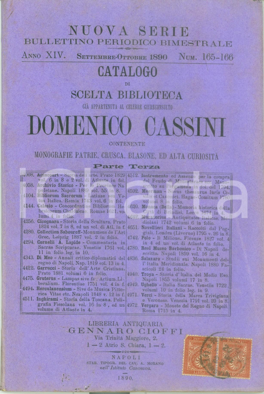 Libro, pubblicazione d epoca 1890 NAPOLI Libreria Gennaro CIOFFI Catalogo biblioteca Domenico CASSINI 1
