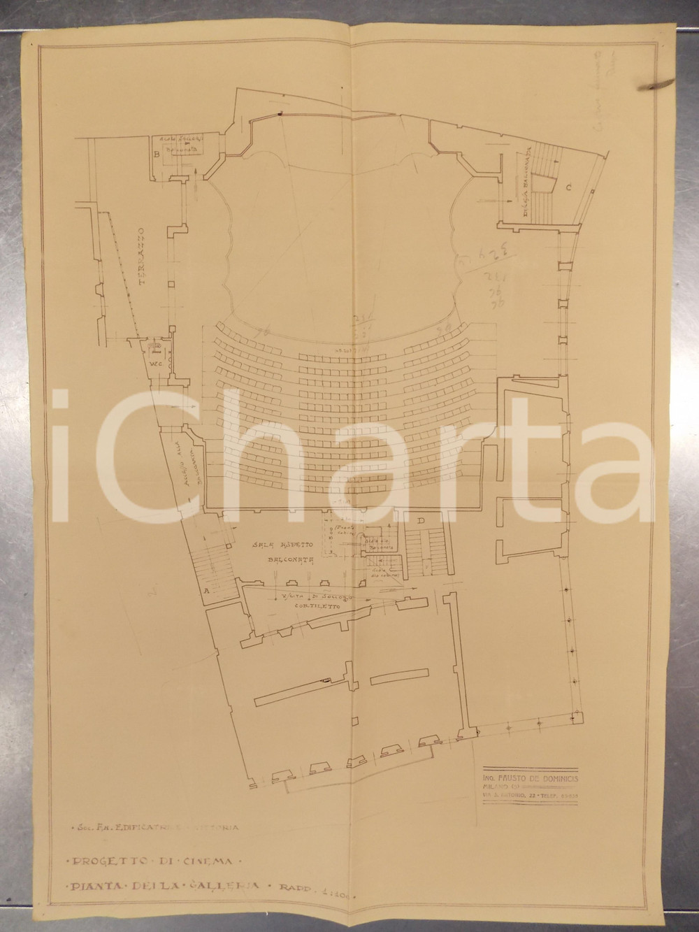 Mappa, planimetria storica 1925 MILANO Fausto DE DOMINICIS Edificatrice VITTORIA Galleria cinema SAN CARLO 1