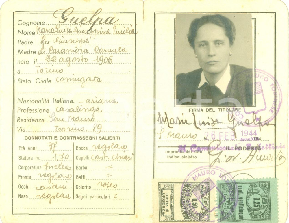 Documento originale, autentico 1944 SAN MAURO TORINESE TO Maria Luisa GUELPA Carta d identitÃ  con fotografia 1