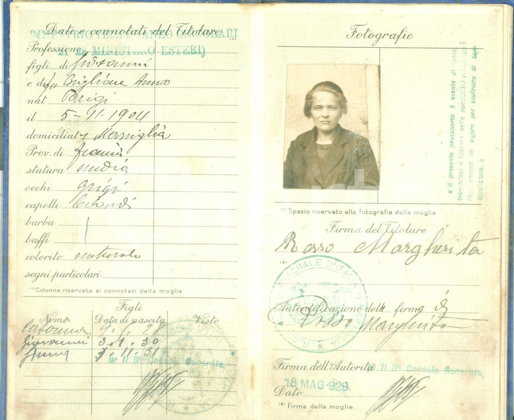 Documento originale, autentico 1929 MARSIGLIA Passaporto estero di Margherita ROSSO con fototessera DANNEGGIATO 1