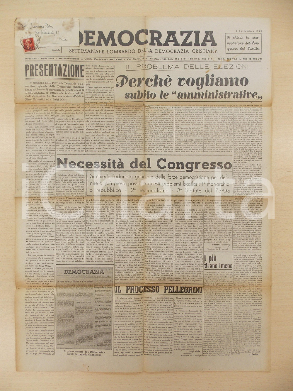 Giornale, rivista storica 1945 DEMOCRAZIA Settimanale Lombardo DC Vogliamo subito le amministrative 1