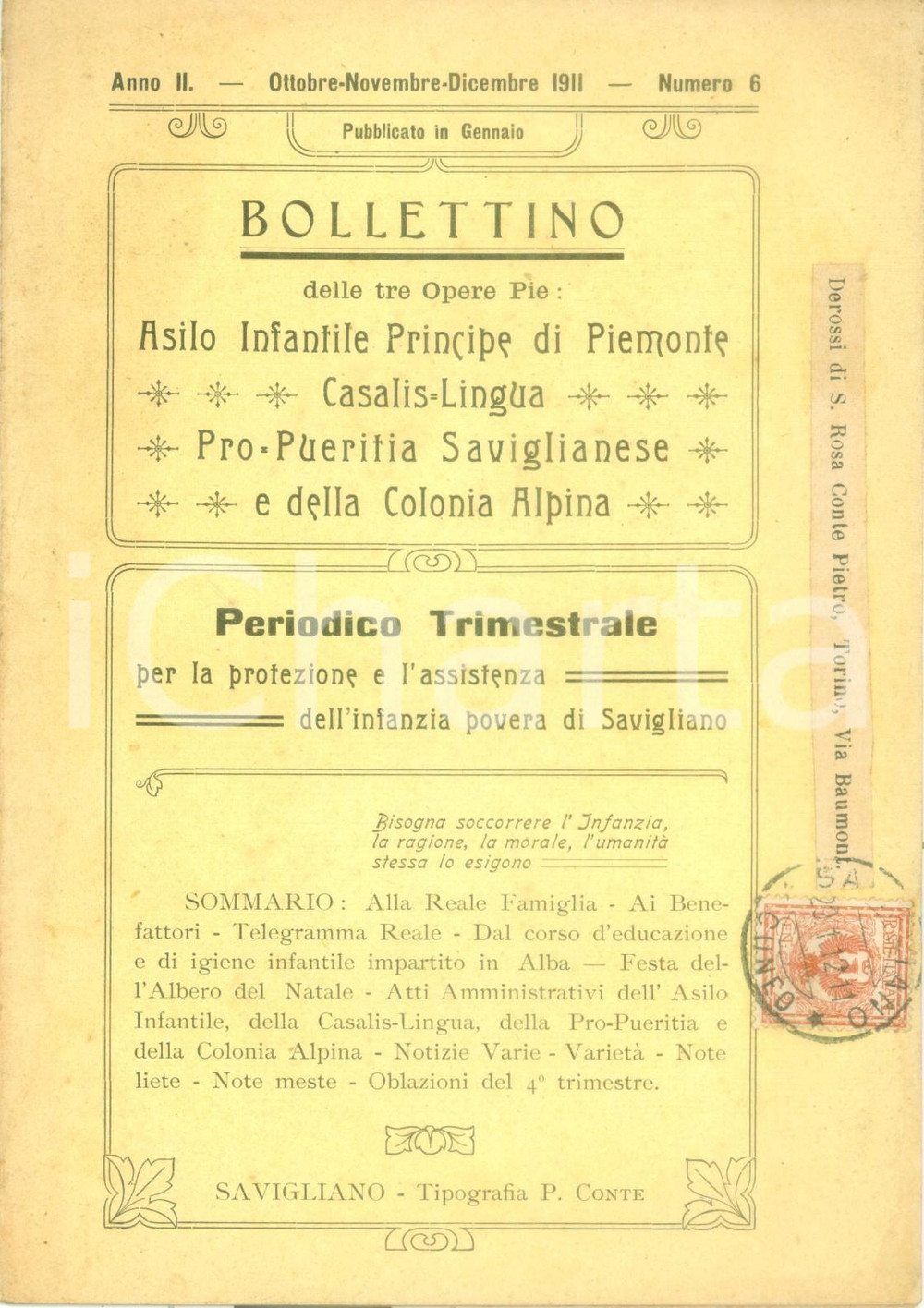Libro, pubblicazione d epoca 1911 SAVIGLIANO Bollettino Opere Pie CasalisLingua Pro Pueritia Saviglianese 1