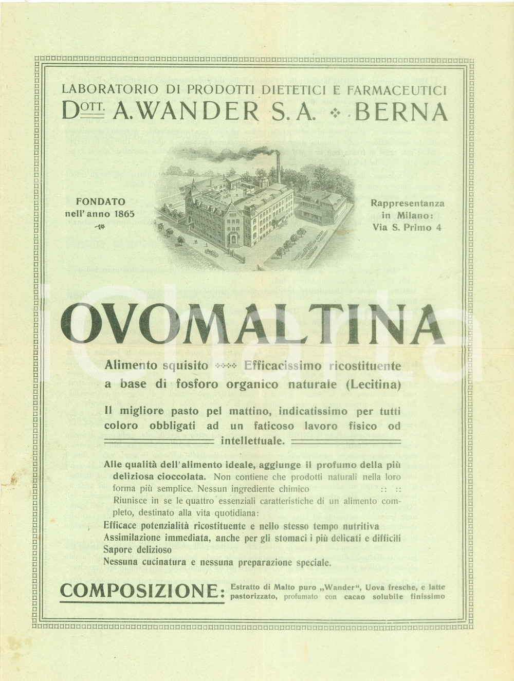 Materiale pubblicitario d’epoca 1930 ca BERNA SVIZZERA Laboratorio prodotti dietetici WANDER Ovomaltina 1