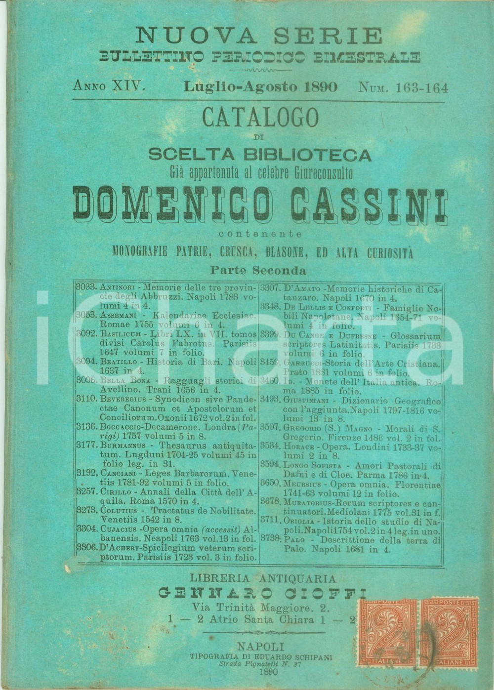 Libro, pubblicazione d epoca 1890 NAPOLI Libreria Gennaro CIOFFI Biblioteca giureconsulto Domenico CASSINI 1