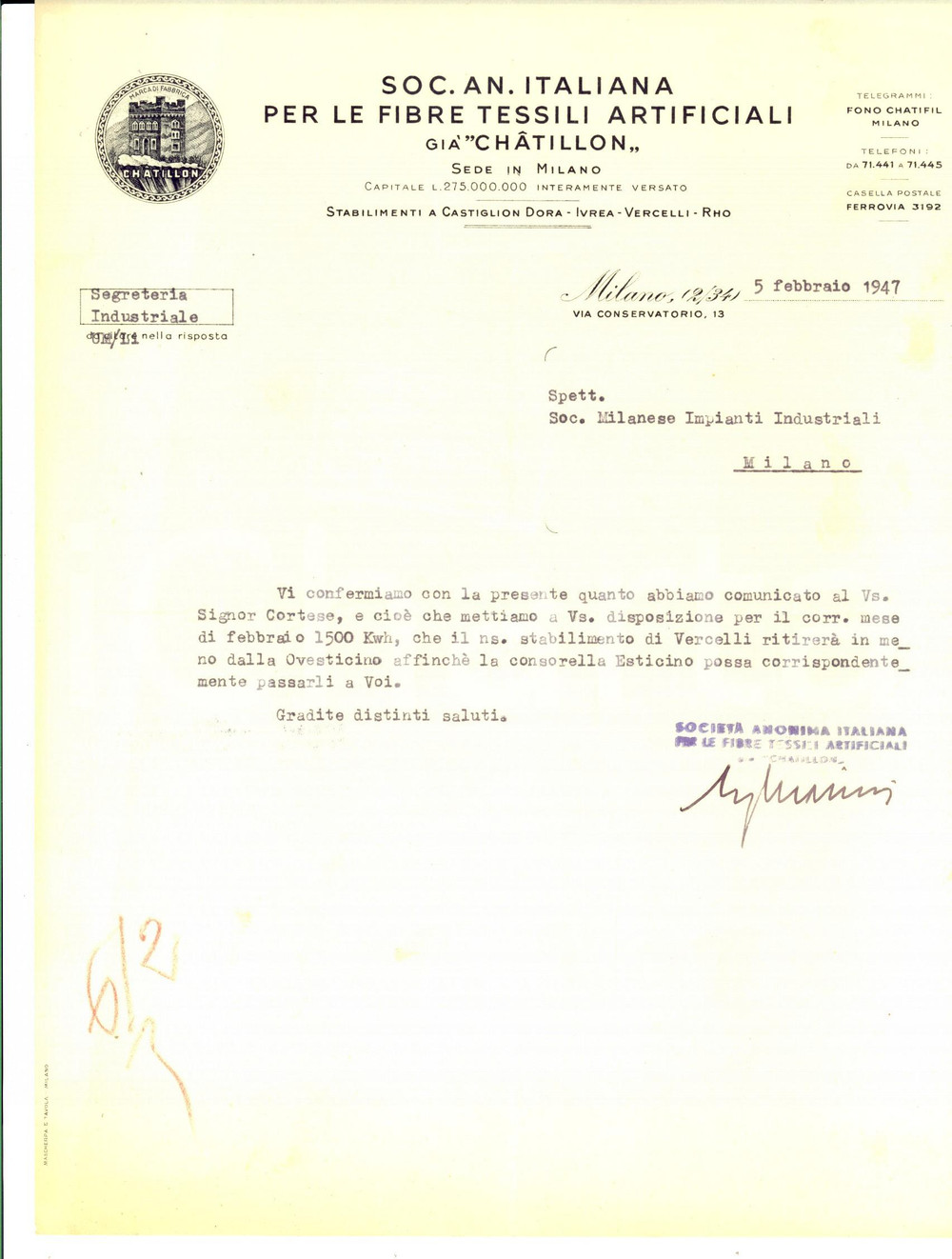 Manoscritto, lettera originale 1947 MILANO Soc. Fibre Tessili Artificiali CHATILLON su stabilimento di Vercelli 1