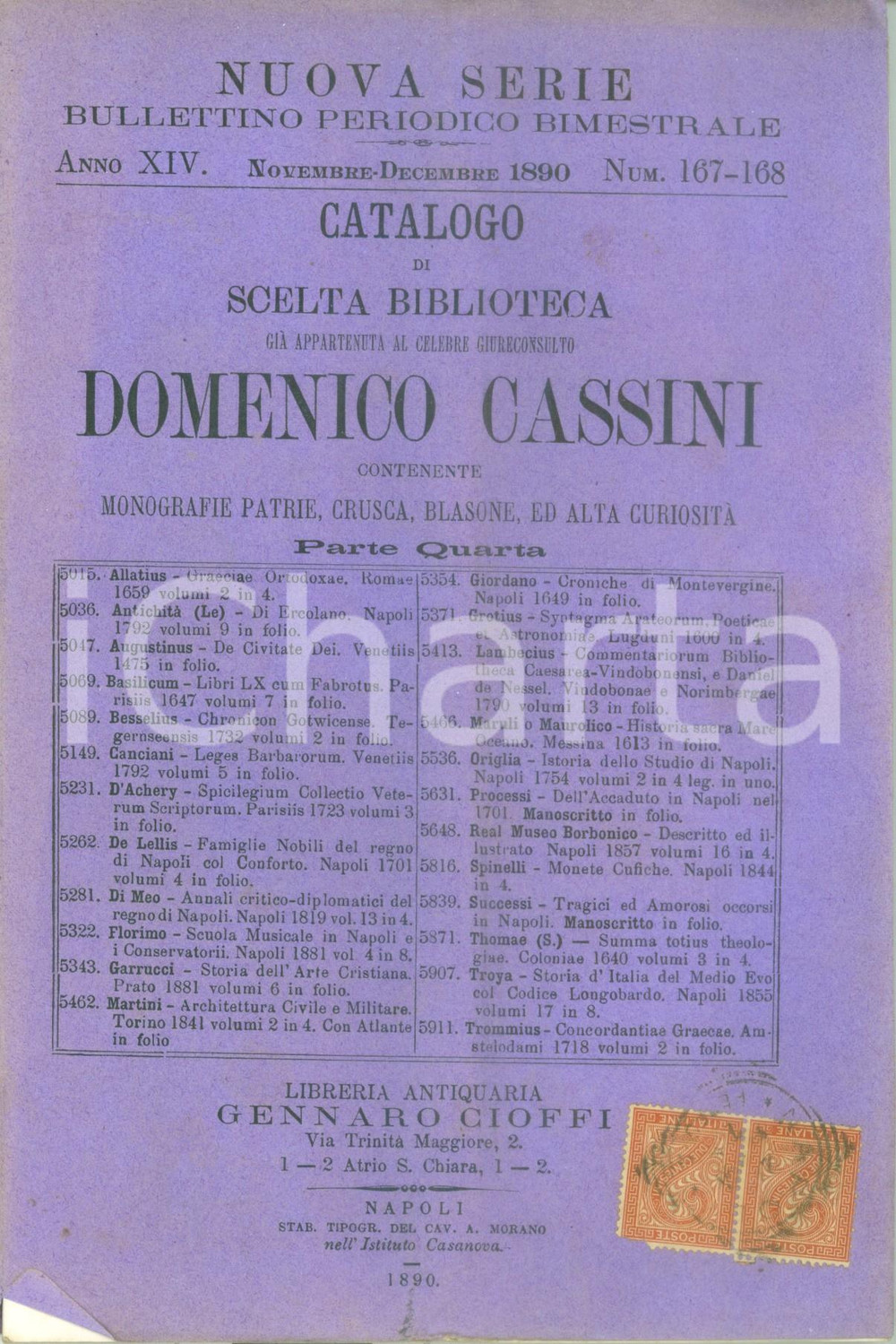 Libro, pubblicazione d epoca 1890 NAPOLI Libreria Gennaro CIOFFI Catalogo biblioteca Domenico CASSINI 1