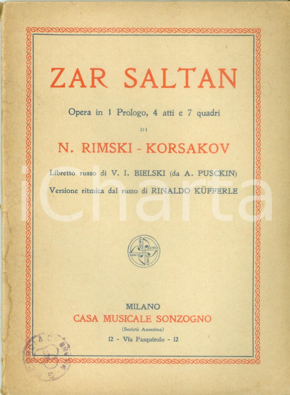 Libro, pubblicazione d epoca 1929 Nikolaj RIMSKIJKORSAKOV Zar Saltan versione ritmica Rinaldo KUFFERLE 1