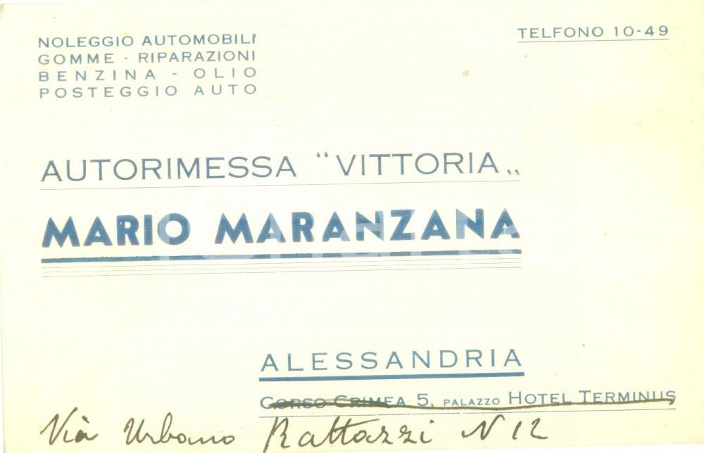 Oggetto da collezione cartaceo 1940 ca ALESSANDRIA Autorimessa VITTORIA Mario MARANZANA Biglietto da visita 1