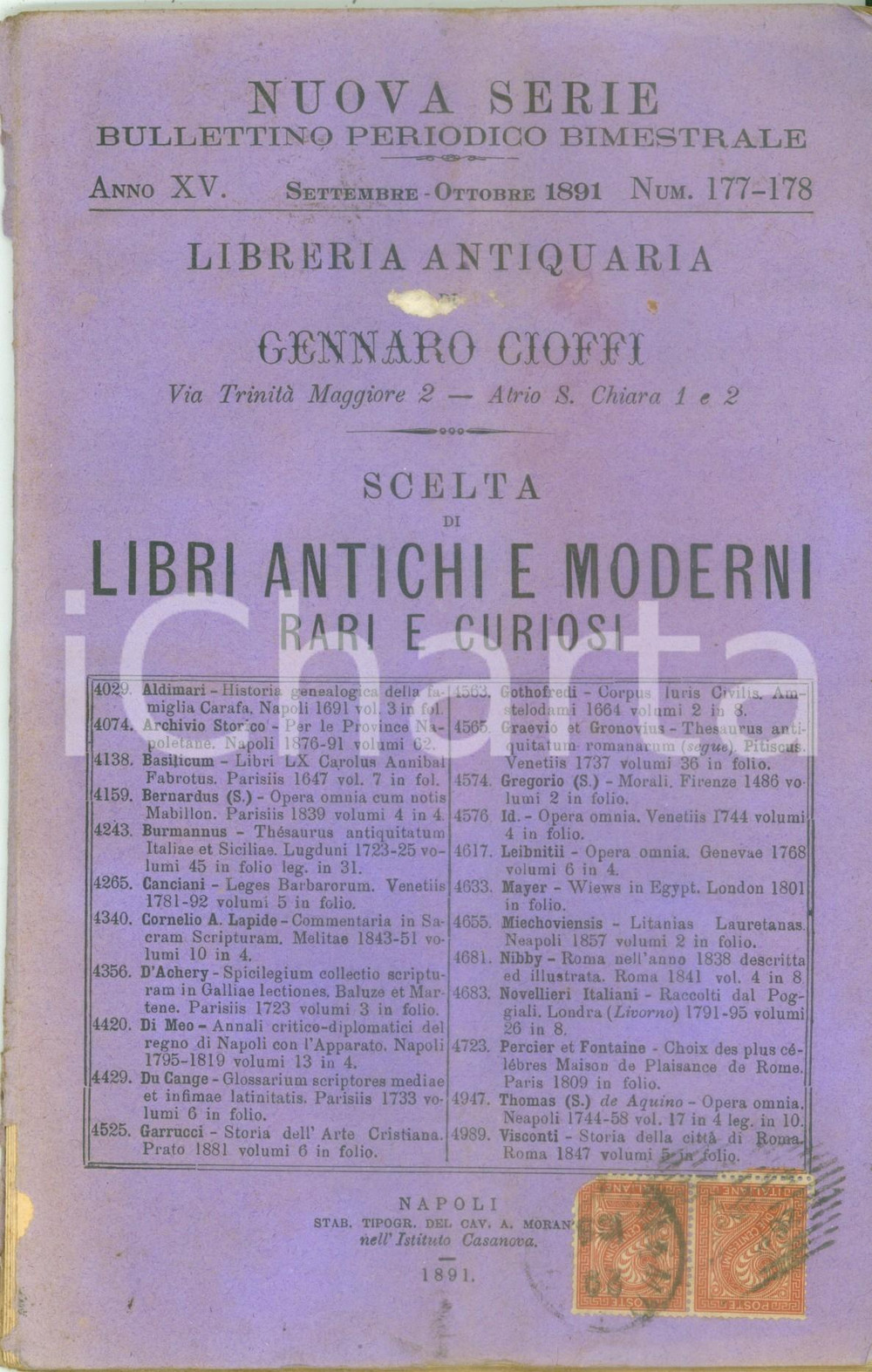 Libro, pubblicazione d epoca 1891 NAPOLI Libreria Gennaro CIOFFI Libri antichi e moderni rari Catalogo 1