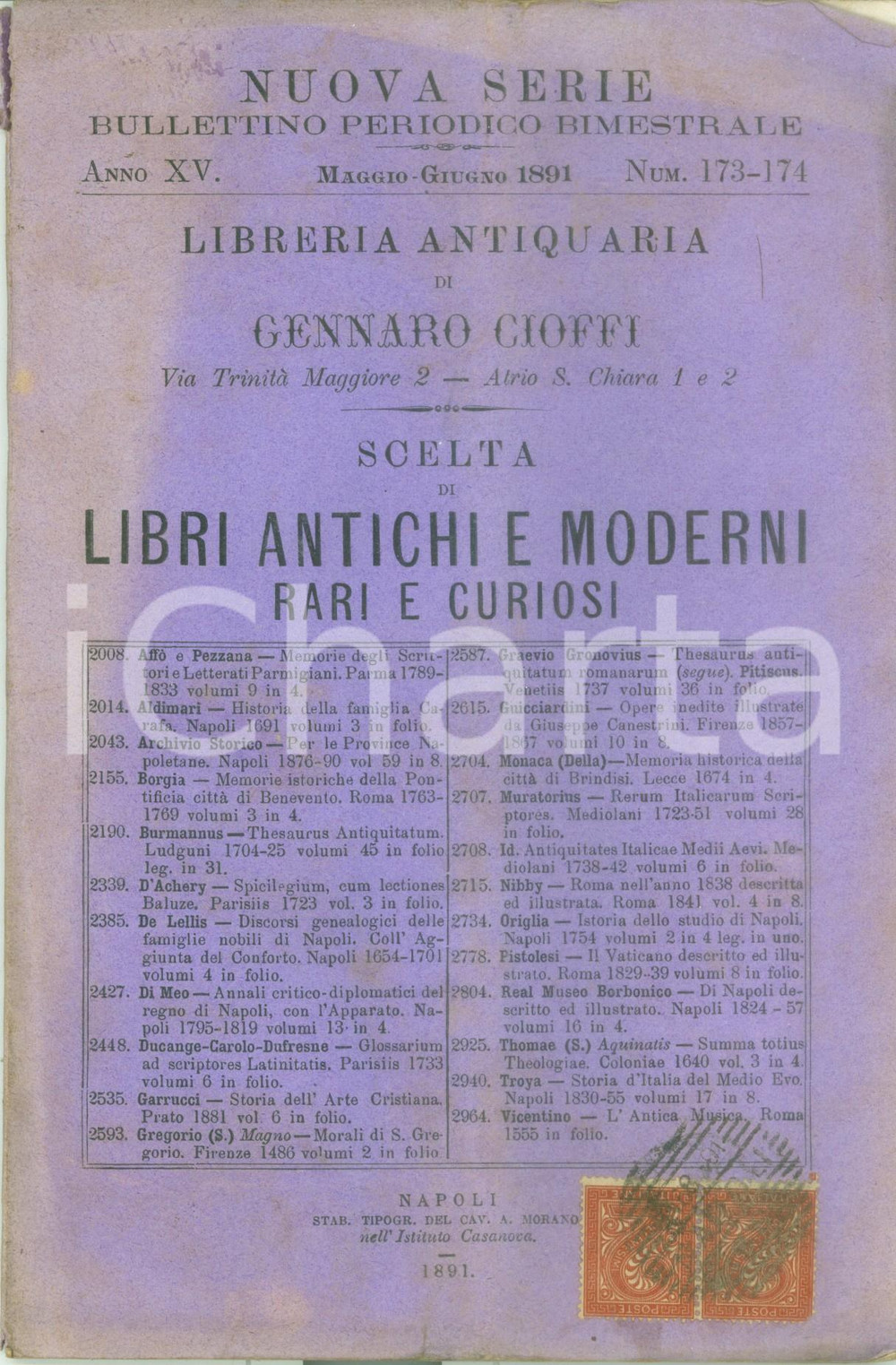 Libro, pubblicazione d epoca 1891 NAPOLI Libreria Gennaro CIOFFI Libri antichi e moderni rari Catalogo 1