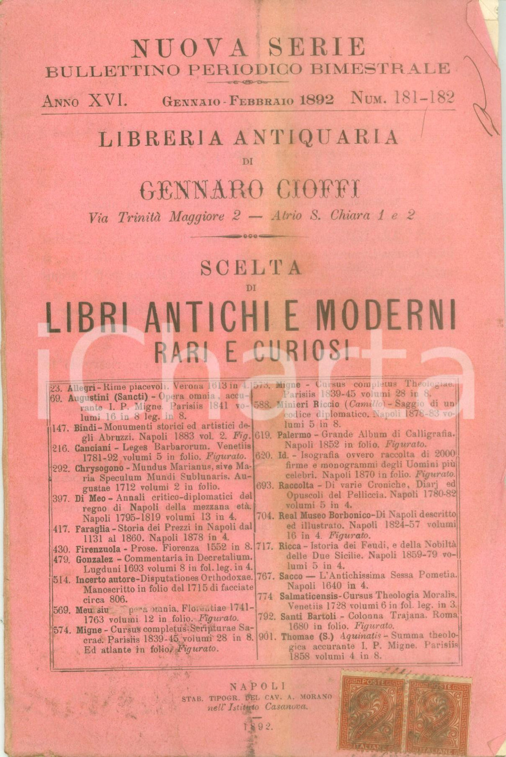 Libro, pubblicazione d epoca 1892 NAPOLI Libreria Gennaro CIOFFI Libri antichi e moderni rari Catalogo 1