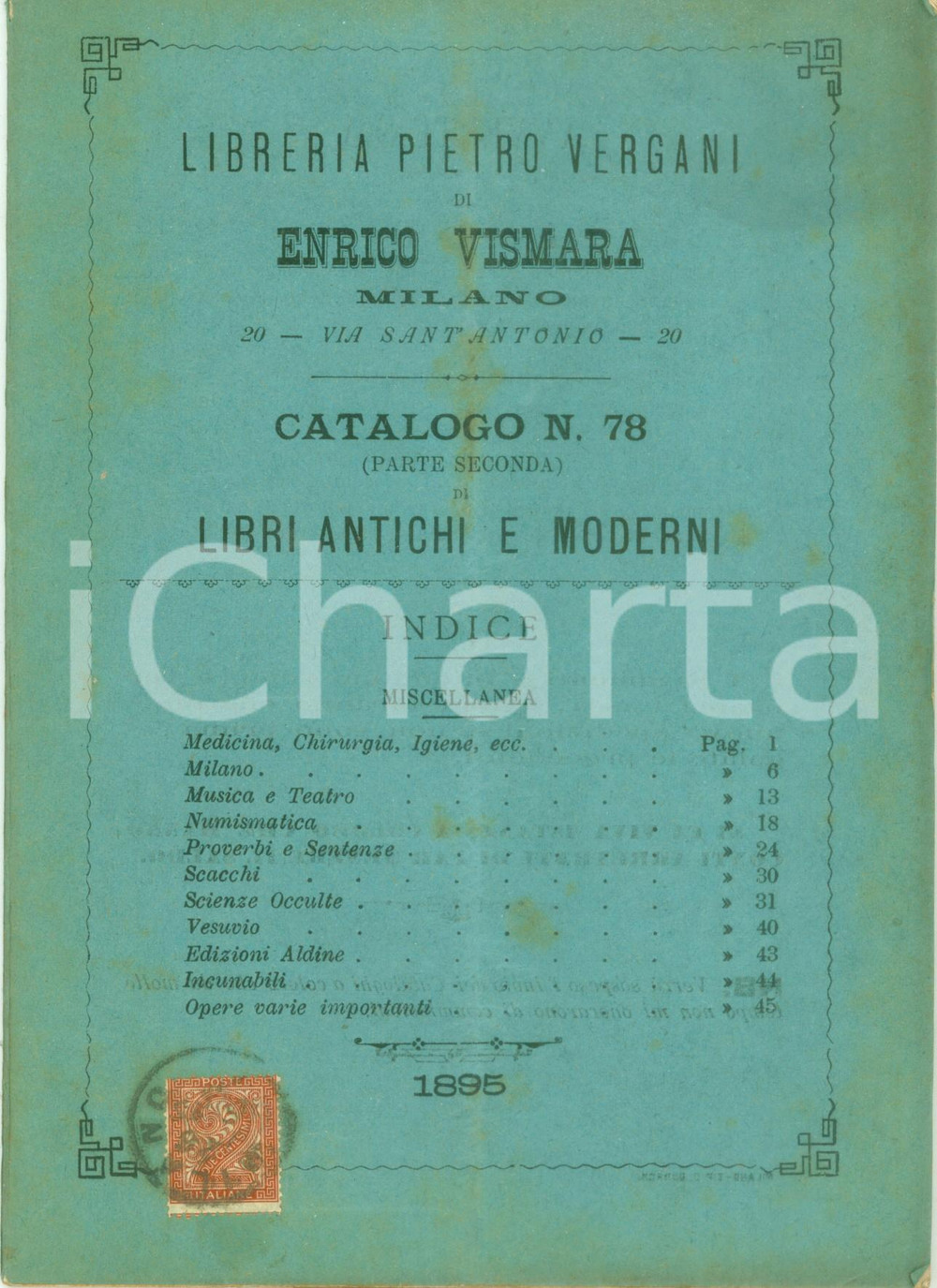 Libro, pubblicazione d epoca 1895 MILANO Libreria Pietro VERGANI Enrico VISMARA Libri antichi e moderni n. 78 1