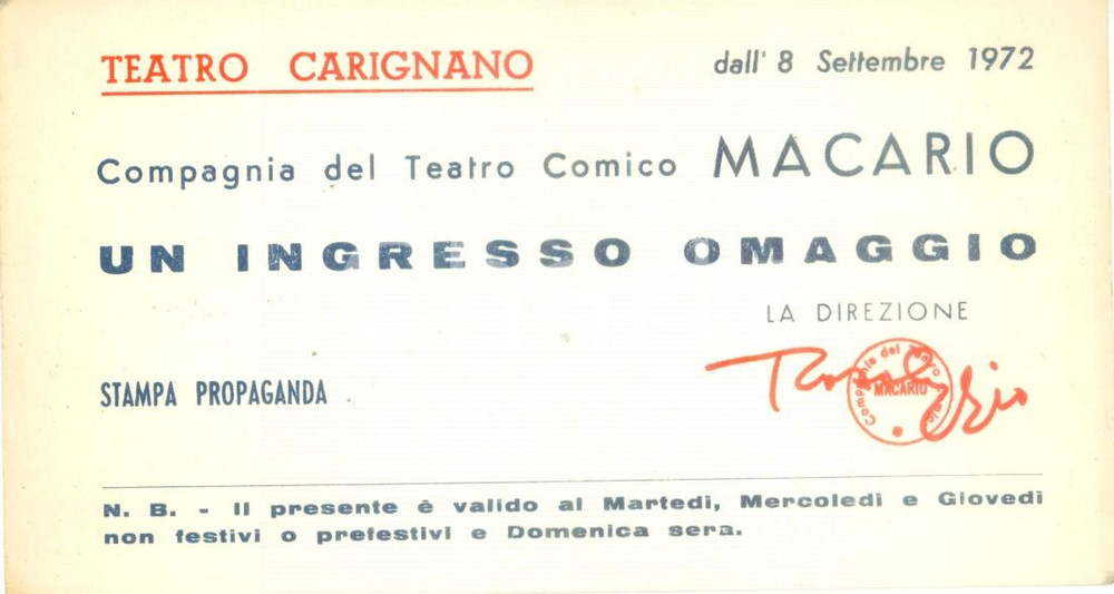 Oggetto da collezione cartaceo 1972 TORINO TEATRO CARIGNANO Compagnia Comica MACARIO Ingresso omaggio 1