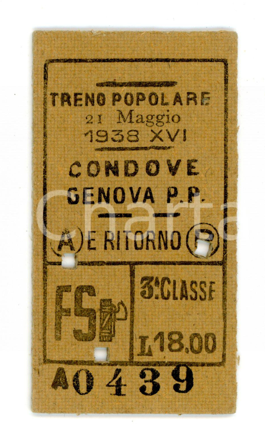 Documento originale, autentico 1938 FERROVIE DELLO STATO Treno popolare CONDOVEGENOVA PORTA PRINCIPE Biglietto 1