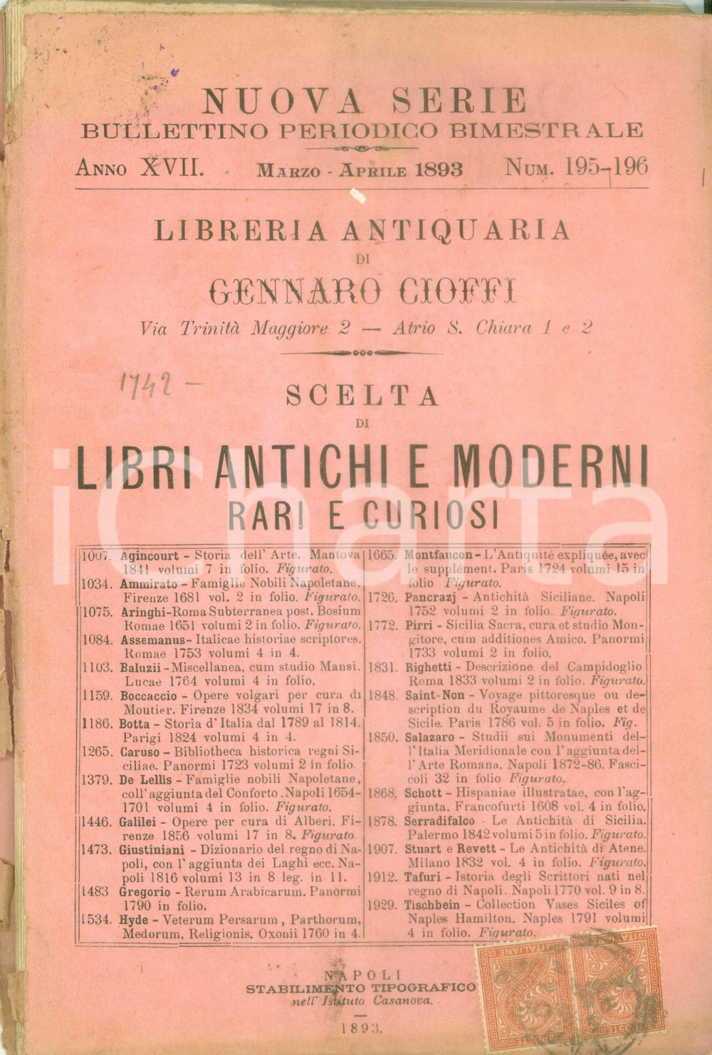 1893 NAPOLI Libreria Gennaro CIOFFI Libri antichi e moderni rari *DANNEGGIATO