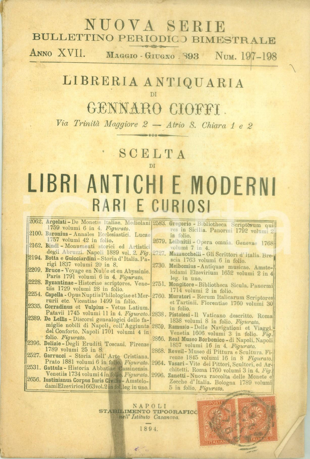 Libro, pubblicazione d epoca 1893 NAPOLI Libreria Gennaro CIOFFI Libri antichi e moderni rari Catalogo 1