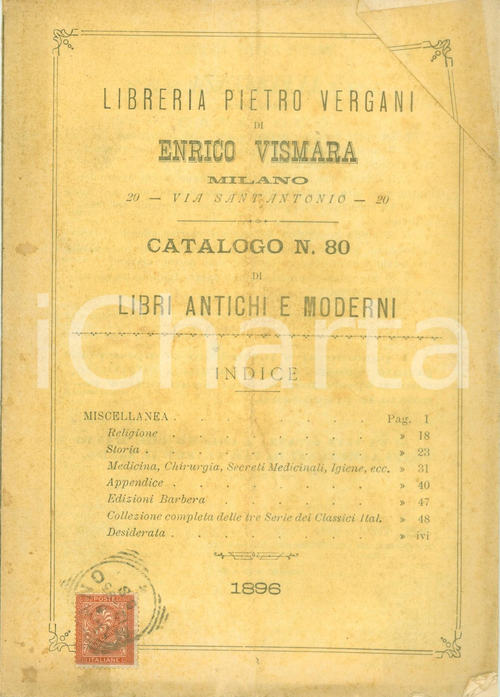 Libro, pubblicazione d epoca 1896 MILANO Libreria Pietro VERGANI di Enrico VISMARA Catalogo libri antichi 1