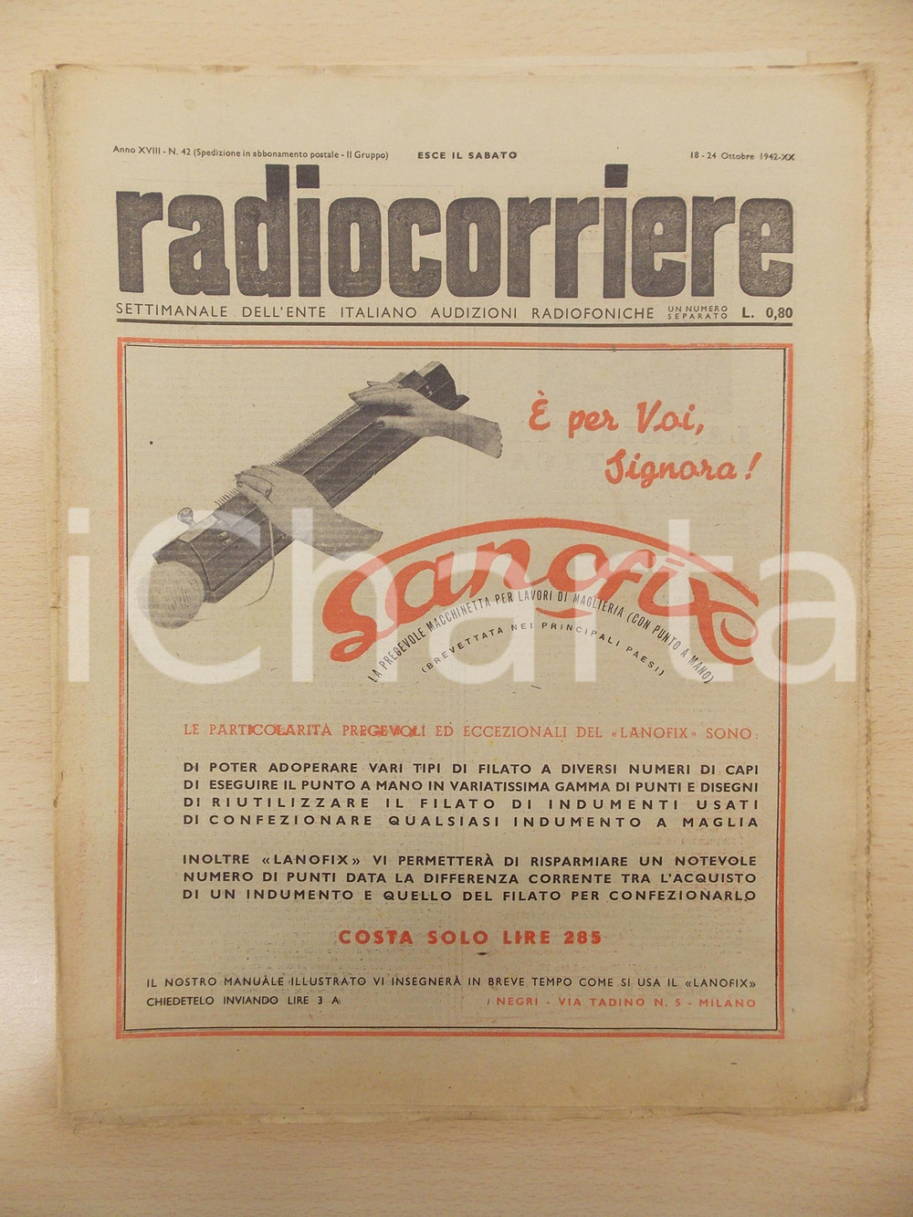 Giornale, rivista storica 1942 RADIOCORRIERE Carlo RAVASIO parla a Radio Famiglie PubblicitÃ  SANOFIX 1
