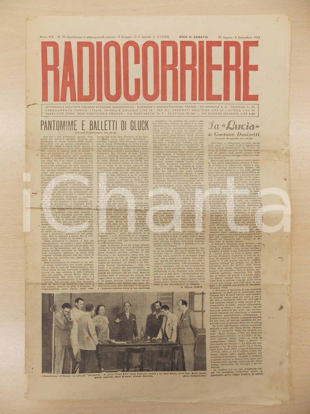 Giornale, rivista storica 1943 RADIOCORRIERE Pantomime e balletti di GLUCK La Lucia di DONIZETTI Rivista 1