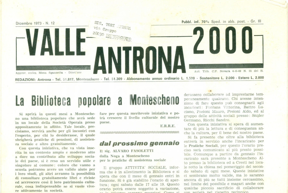 Giornale, rivista storica 1973 Mensile VALLE ANTRONA 2000 La Biblioteca popolare a MONTESCHENO Giornale 1