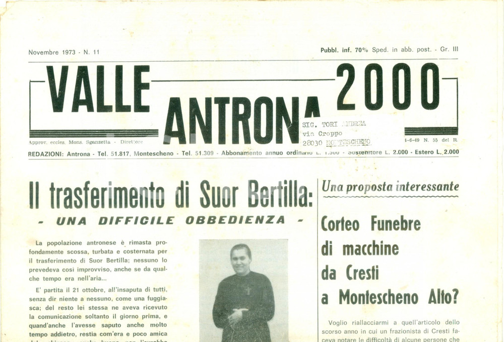 Giornale, rivista storica 1973 Mensile VALLE ANTRONA 2000 Il trasferimento di Suor BERTILLA Giornale 1