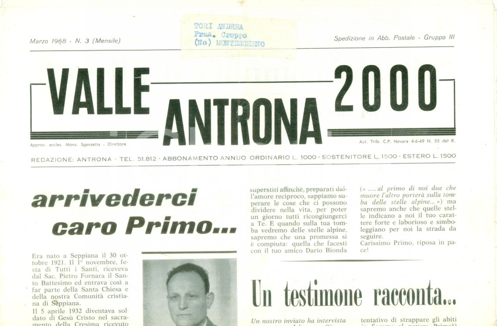 Giornale, rivista storica 1968 Mensile VALLE ANTRONA 2000 In memoria di Primo BROGGIO Giornale 1