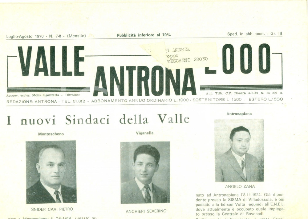 Giornale, rivista storica 1970 Mensile VALLE ANTRONA 2000 I nuovi Sindaci della Valle Giornale 1