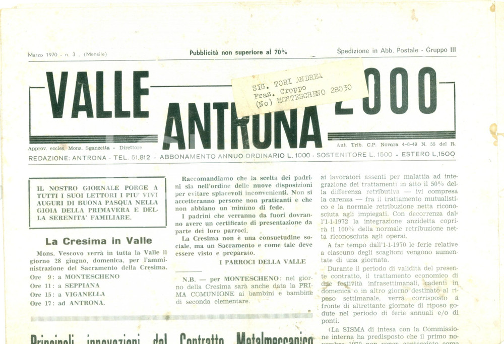 Giornale, rivista storica 1970 Mensile VALLE ANTRONA 2000 Innovazioni nel Contratto Metalmeccanico 1