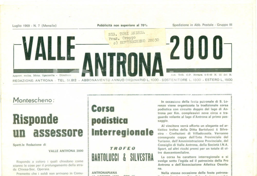 Giornale, rivista storica 1969 Mensile VALLE ANTRONA 2000 Trofeo BARTOLUCCI & SILVESTRA Corsa podistica 1