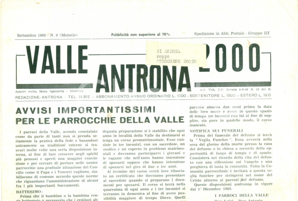 Giornale, rivista storica 1969 Mensile VALLE ANTRONA 2000 Avvisi per le parrocchie della Valle Giornale 1