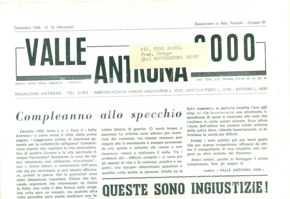Giornale, rivista storica 1968 Mensile LA VALLE ANTRONA Il giornale compie il suo primo anno ILLUSTRATO 1