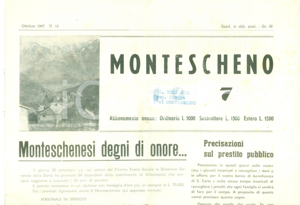 Giornale, rivista storica 1967 MONTESCHENO Don Luigi TRAMONTI nuovo parroco VIGANELLA  SEPPIANA 1