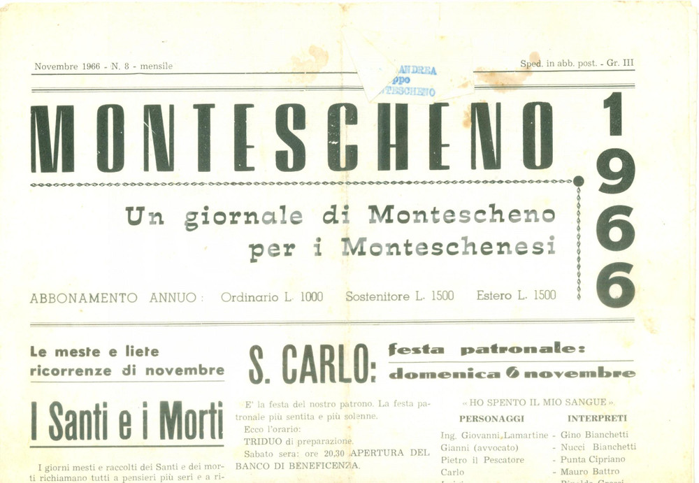 Giornale, rivista storica 1966 MONTESCHENO Il trasporto degli operai é un problema aperto Giornale 1
