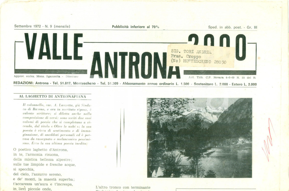 Giornale, rivista storica 1972 Mensile VALLE ANTRONA 2000 Al laghetto di ANTRONAPIANA Poesia Giornale 1