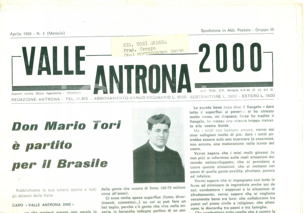 Giornale, rivista storica 1969 Mensile VALLE ANTRONA 2000 Don Mario TORI Ã¨ partito per il BRASILE 1