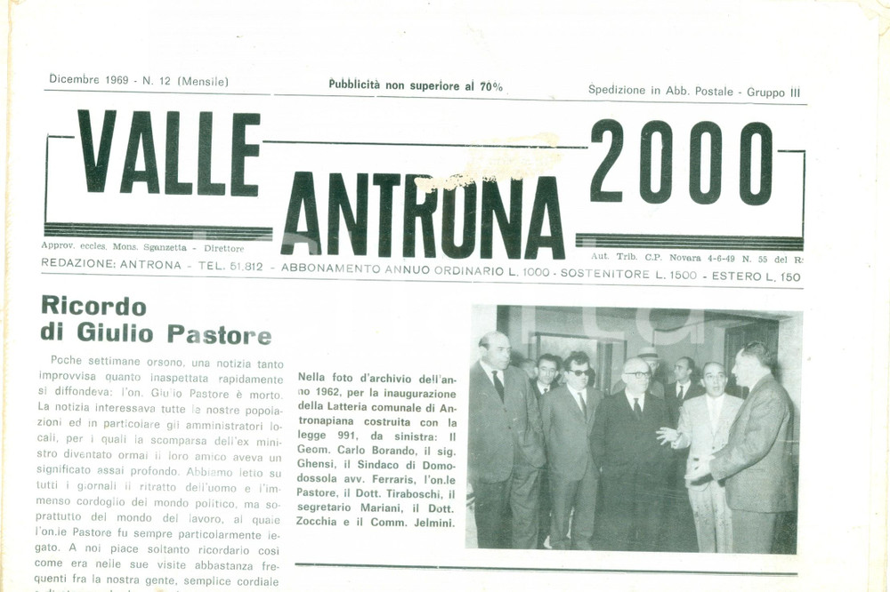 Giornale, rivista storica 1969 Mensile VALLE ANTRONA 2000 Ricordo di Giulio PASTORE Giornale 1