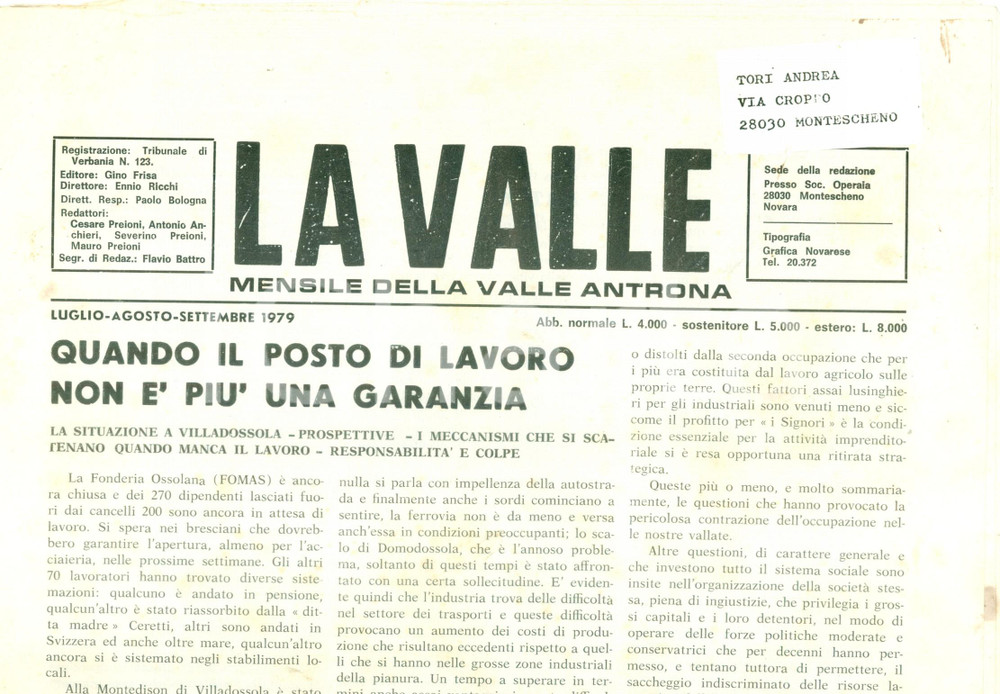 Giornale, rivista storica 1979 Mensile LA VALLE ANTRONA Il posto di lavoro non Ã¨ piÃ¹ una garanzia 1