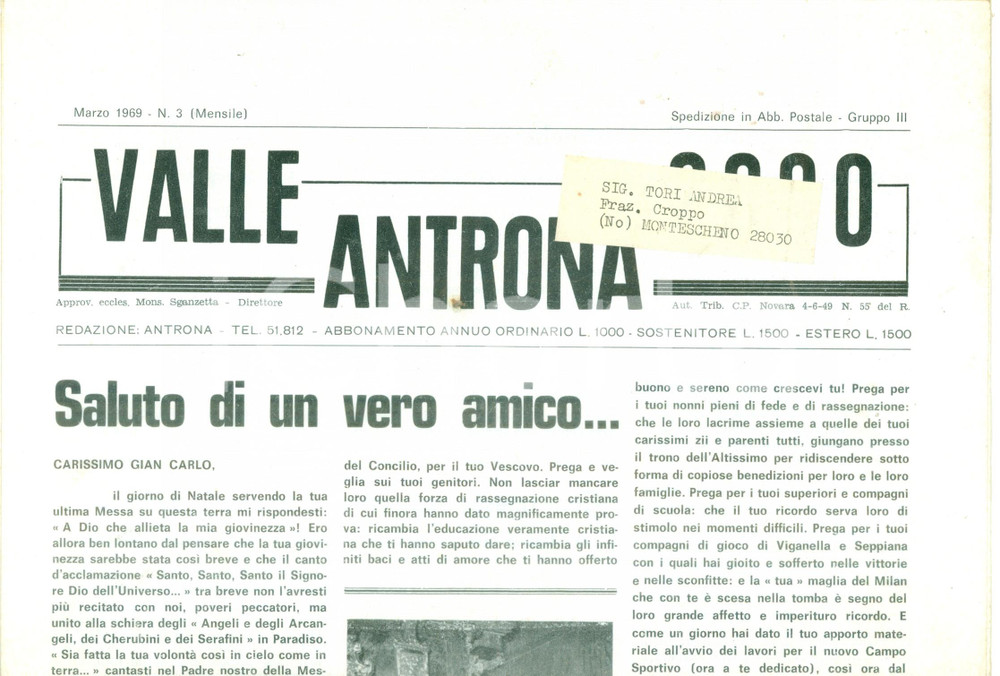 Giornale, rivista storica 1969 Mensile VALLE ANTRONA 2000 A MONTESCHENO Ã¨ morta Suor Elisa Giornale 1