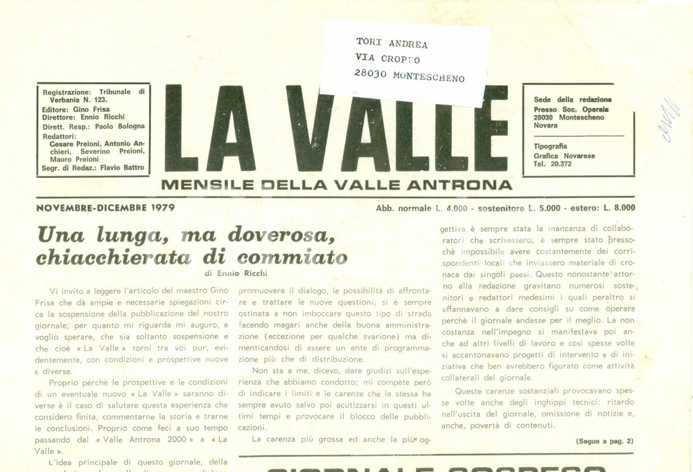 Giornale, rivista storica 1979 Mensile LA VALLE ANTRONA cessa le pubblicazioni Giornale 1
