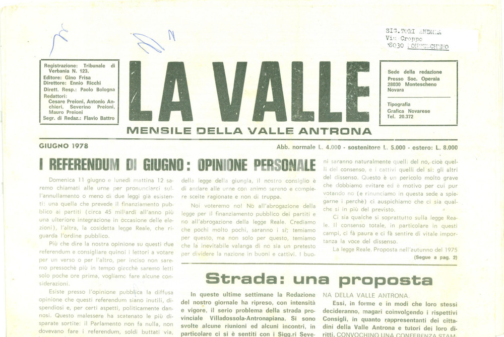 Giornale, rivista storica 1978 Mensile LA VALLE ANTRONA I referendum di giugno Rivista 1