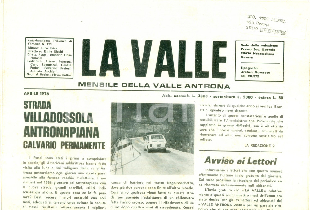 Giornale, rivista storica 1976 Mensile LA VALLE ANTRONA Strada VILLADOSSOLA  ANTRONAPIANA Calvario 1