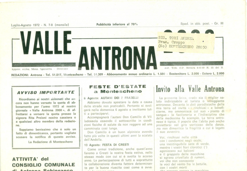 Giornale, rivista storica 1972 Mensile VALLE ANTRONA 2000 Don Gian Carlo MASSERONI in BURUNDI Giornale 1